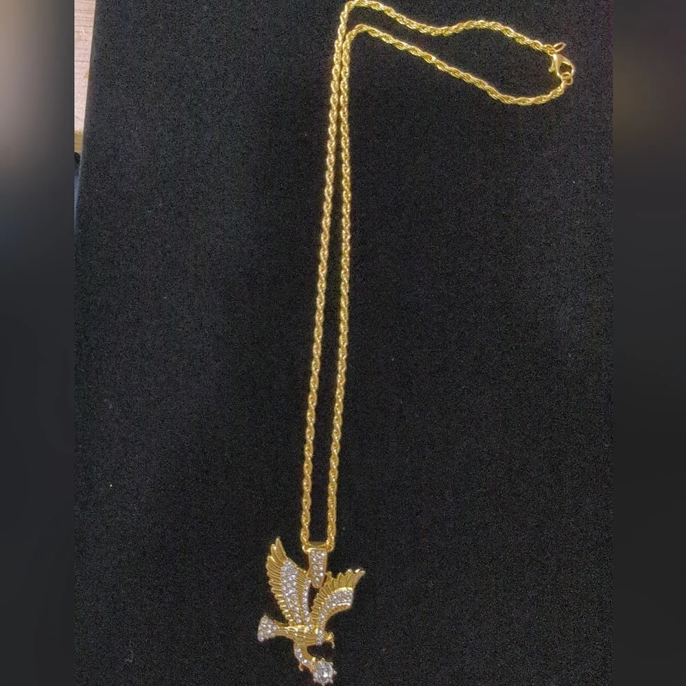 🆕Stainless Steel 18K Gold Plated w/Inlaid Cubic Zirconia Eagle Pendant